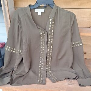 Michael Kors Brown Tan Blouse with Embellished Long Sleeves